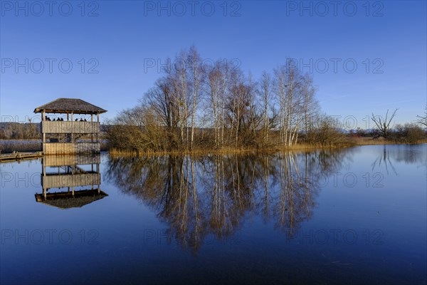 Birdwatching tower, observation tower, high water in Dießen am Lake Ammer, Diessen, Fünfseenland,