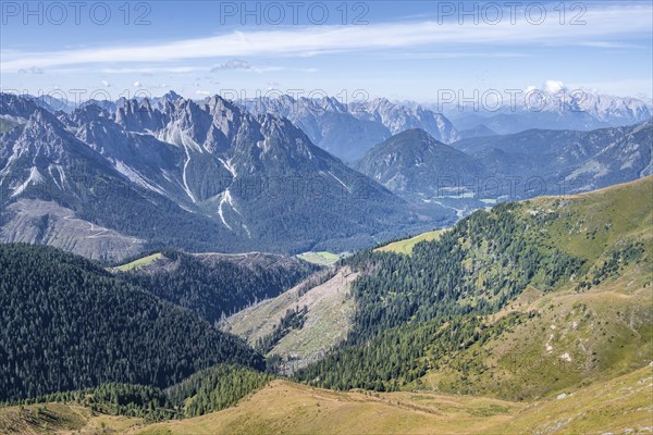 View from the Carnic main ridge to the Sesto Dolomites with the Three Peaks, Carnic Alps,