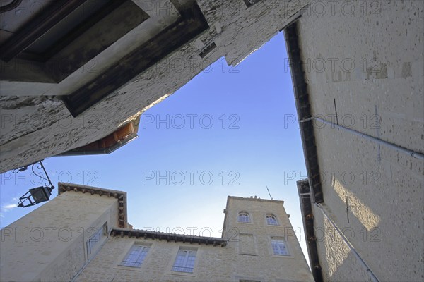 Courtyard of Château de Simiane, castle, view upwards, perspective, triangular, Chateau, Valréas,