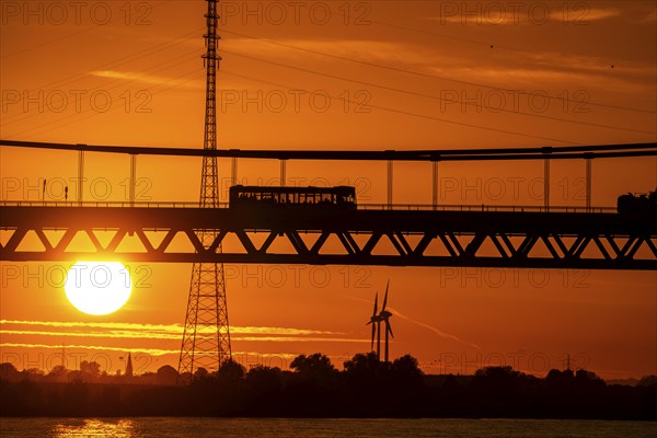 Traffic on the Rhine bridge Emmerich, federal road B220, evening light, with 803 m the longest