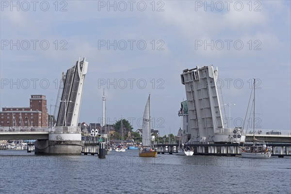 Open bascule bridge, sailing boats, Kappeln, Schlei, Schleswig-Holstein, Germany, Europe