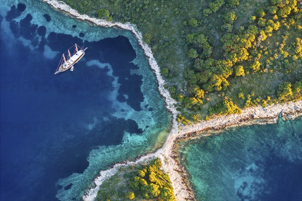 Bay with sailing boat, Pakleni or Paklinski Islands off the island of Hvar, Dalmatia, Croatia,