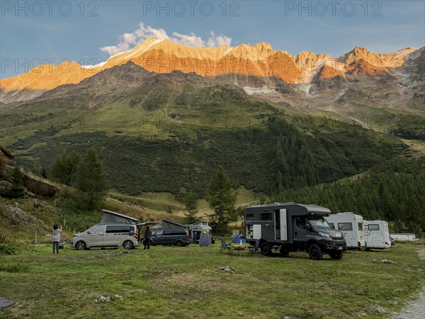 Sunset at camping aera Fafleralp, valley Loetschental, Valais, Switzerland, Europe