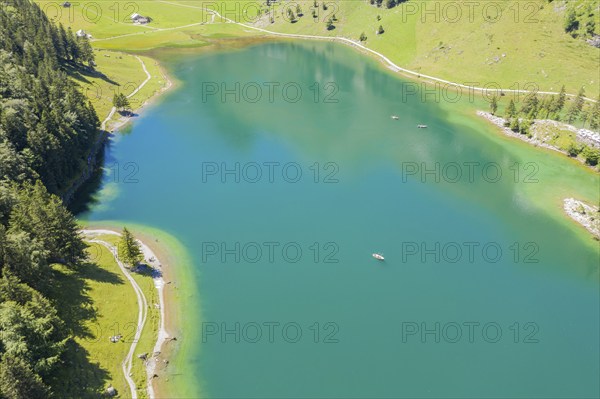 Drone shot, Lake Seealpsee, Alpstein mountain range near Wasserauen, Appenzell, Switzerland, Europe