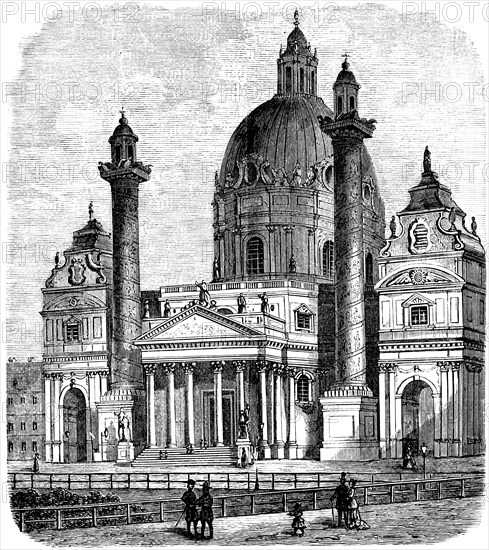 Karlskirche in Vienna, baroque building, 18th century, monument protection, domed building, two