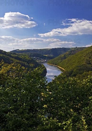 Elevated view of the Our valley and the river Our, Vianden, Our National Park, Ardennes, Islek,