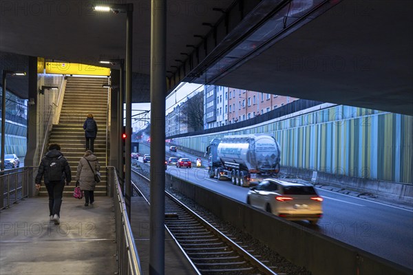 Underground station, Breslauer Straße U18, in the middle of the A40 motorway, Essen city centre,