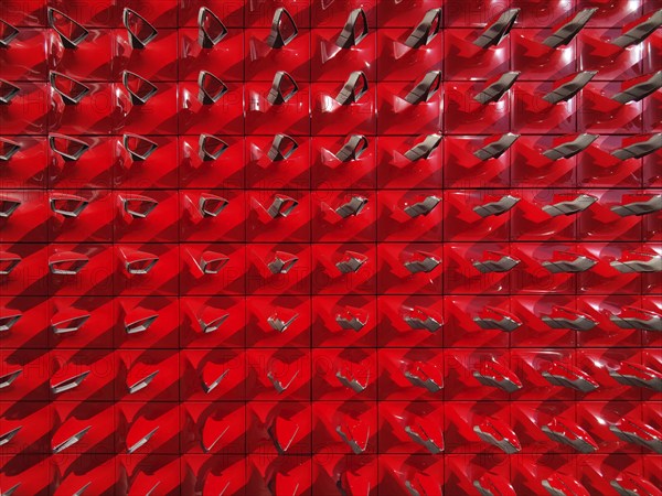 Structure of red rear-view mirrors, entrance area of the Seat Pavilion, Autostadt, Volkswagen AG,