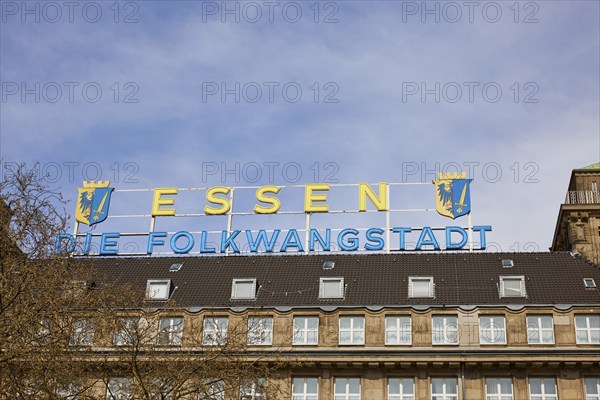 Illuminated sign Essen, The Folkwang City on the roof of the Hotel Handelshof in Essen, Ruhr area,