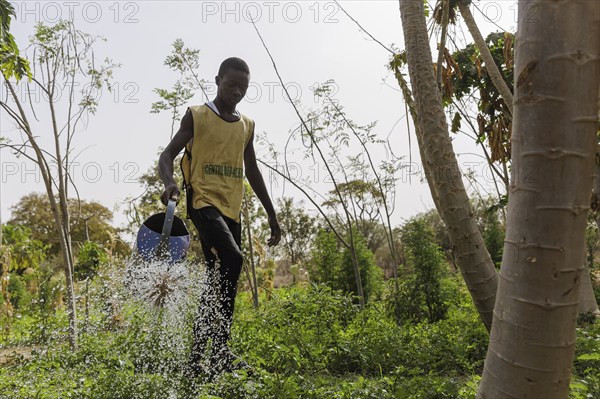 Watering of fields by farmers during organic farming at the agroecological training centre Centre