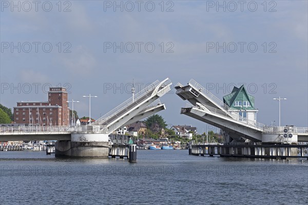 Half-open bascule bridge, Kappeln, Schlei, Schleswig-Holstein, Germany, Europe