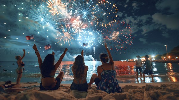 Friends and family enjoying the summer holiday fireworks on the beach. generative AI, AI generated