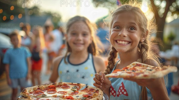 Cute girls celebrating with friends and family outdoors with pizza. generatvie AI, AI generated