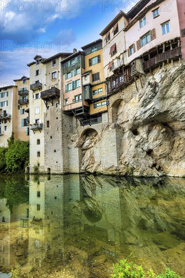 Pont en Royans. Houses hanging above river La Bourne. Isère. Auvergne-Rhone-Alpes. Vercors regional