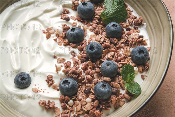 Yogurt with chocolate muesli, with berries, blueberries, breakfast, close-up, fork on top, no