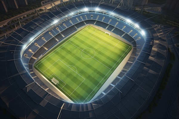 Aerial bird eye top view of a soccer football field stadium in night, AI generated