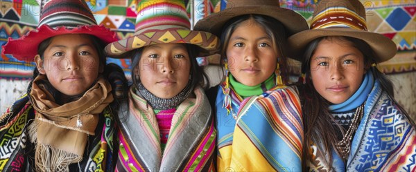 Smiling native indigenous people of Bolivia and South America, dressed in colorful native clothes,