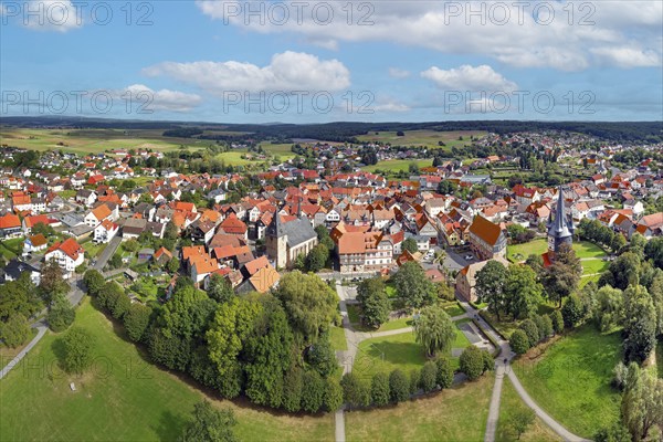 Aerial view, town centre, in front Bürgerpark, above from left Catholic town church, town house of