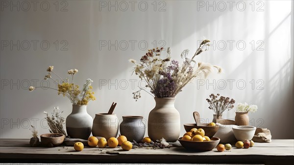 Still life scene of a simple wooden table with a vase of dried flowers, a few ceramic bowls, and