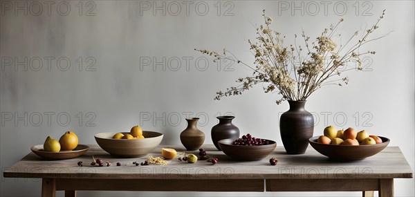 Still life scene of a simple wooden table with a vase of dried flowers, a few ceramic bowls, and
