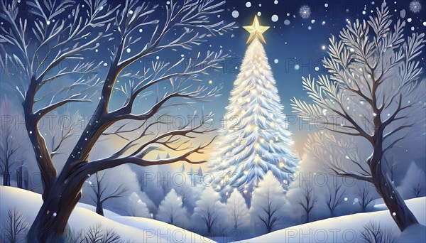 Illustration of a Christmas tree in a snowy winter landscape at night, AI-generated image, AI