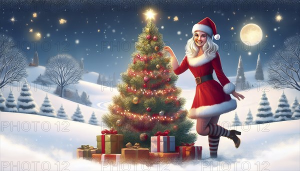 Illustration Christmas woman leaning against a Christmas tree with presents underneath in a snowy