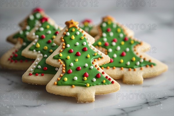 Cute christmas tree cookies with colorful icing. Generative Ai, AI generated