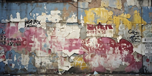 Grunge ripped torn placard posters background in white, pink, blue and yellow colors, AI generated