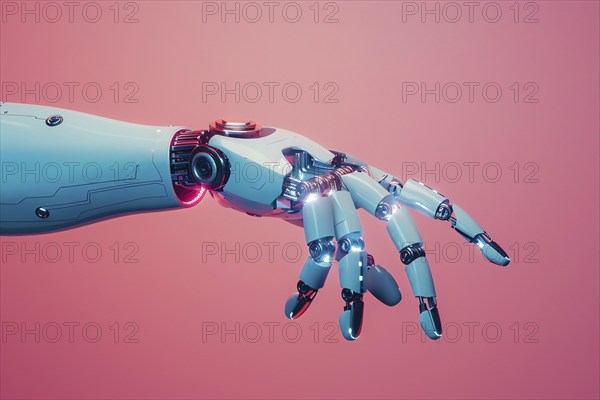 Artificial intelligence robot hand on pink background. KI generiert, generiert, AI generated