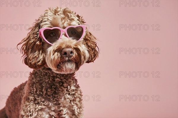Cute labradpoodle dog with pink heart shaped Valentine's day glasses in front of pink background.