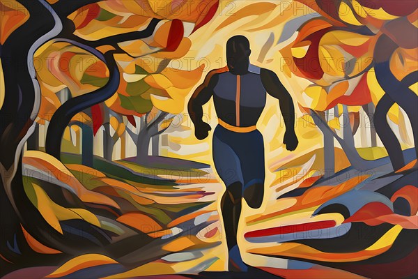 Wallpaper illustration of a jogger running through a park in vibrant autumn colors, AI generated