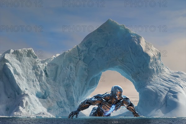 Humanoid cyborg springing out of the water in front of a melting Antarctic iceberg, AI generated