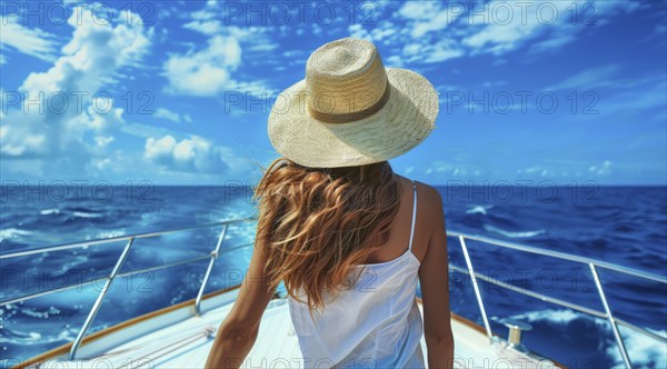 Young beautiful lady in a hat standing on yacht during luxury cruise and looking at azure ocean, AI