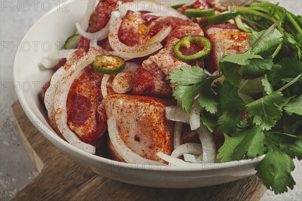 Raw meat marinated with spices and onions, for barbecue, sliced meat, pork neck, in a bowl,