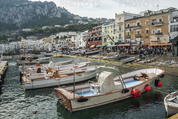 Leisure boats in Marina Grande, Capri Island, Campania, Gulf of Naples, Italy, Mediterranean Sea,