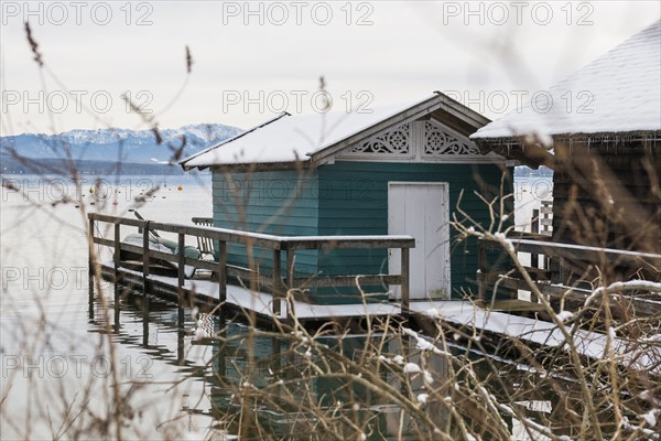 Boathouses with snow in winter, Tutzing, Lake Starnberg, Fünfseenland, Pfaffenwinkel, Upper