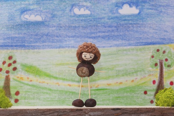 Chestnut figure with cap against a painted background, North Rhine-Westphalia, Germany, Europe