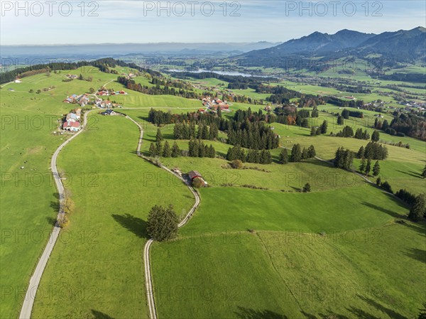 Mountain range near village Wertach, view to lake Gruentensee, aerial view, Allgaeu, Bavaria,
