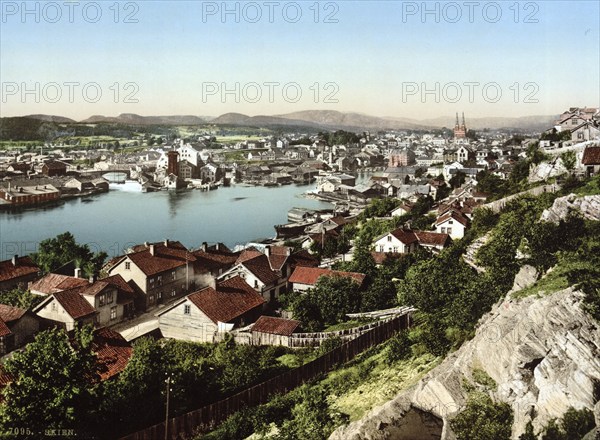 Overview of the town of Skien, Telemark Province, Norway, around 1895, Historical, digitally