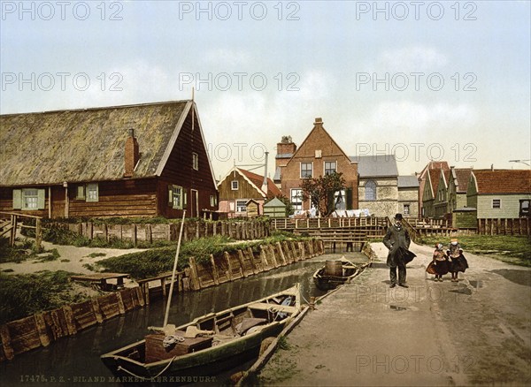 Kerkenbuurt, near the church, Marken Island, Holland, ca 1895, Historical, digitally restored
