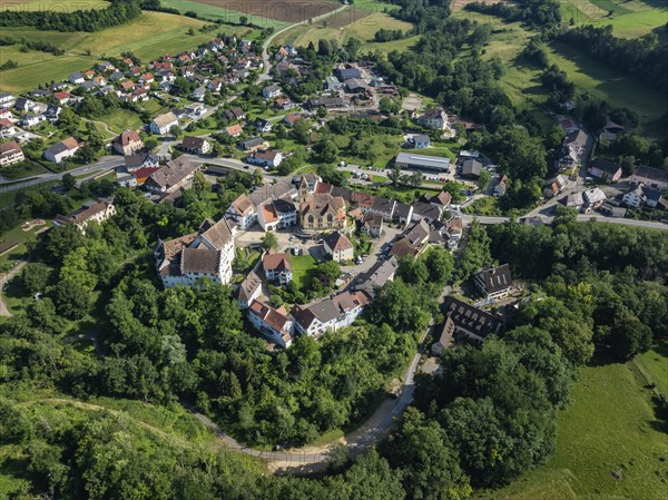 Aerial view of flower field, district of the southern Baden town of Tengen with flower field Castle