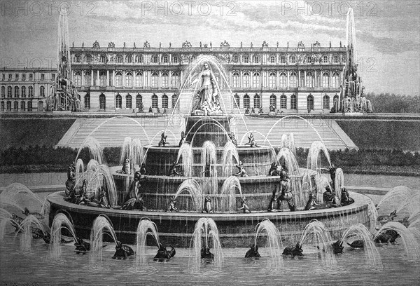 Line of sight across the Latona Fountain to the royal castle of Herrenchiemsee, Herrenwörth,