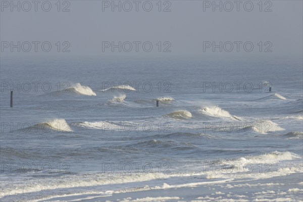Outgoing waves on the northern beach, boundary piles, sea fog over the North Sea, Norderney, East