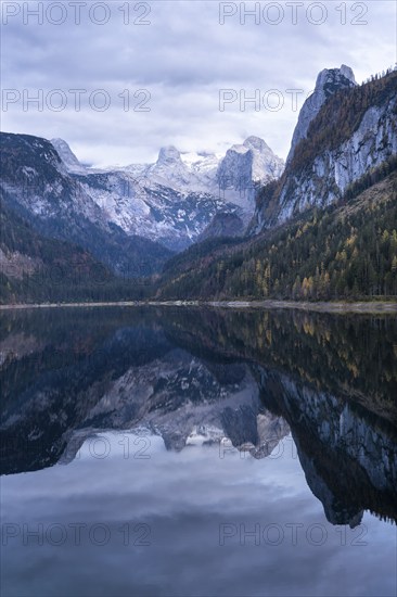 The Vordere Gosausee lake in autumn with a view of the Dachstein mountain range. The Gosaukamm on
