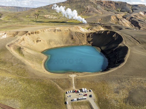 Aerial view of blue lake in the Viti volcano crater, at Krafla power plant, Myvatn region, Iceland,