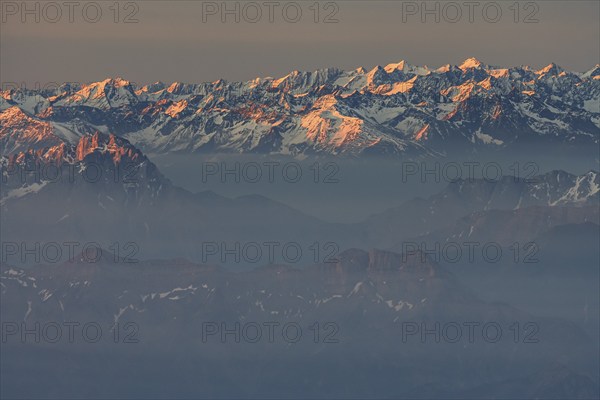 Morning haze and fog over mountain ranges, morning light, summer, Lechtal Alps, aerial view, Upper