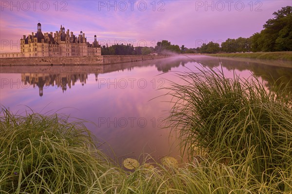 Chambord Castle with moat at sunrise, Chambord, Department Loir-et-Cher, Centre region, France,