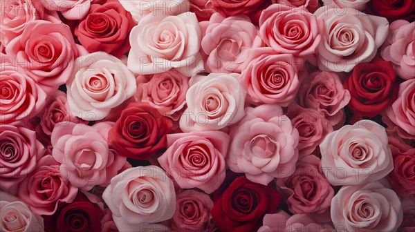 Valentine day background of close-up view of a beautiful mix of pink, red and white roses,