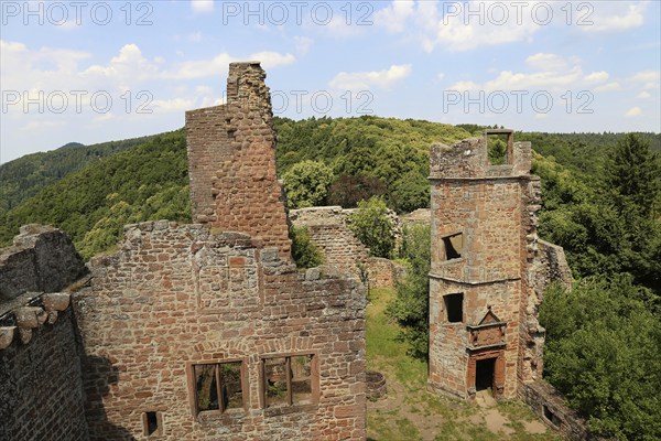 Madenburg Castle above Eschbach in summer. It is considered one of the most beautiful castle ruins