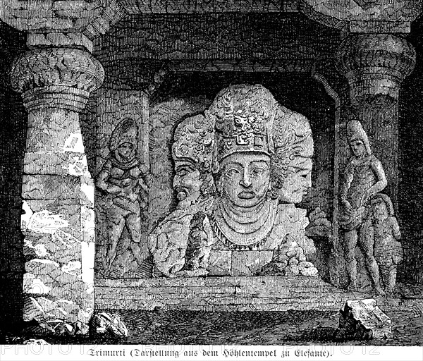 Trimurti, depiction from the cave temple, Elephanta Island, dedicated to God Shiva, grotto, Mumbai,